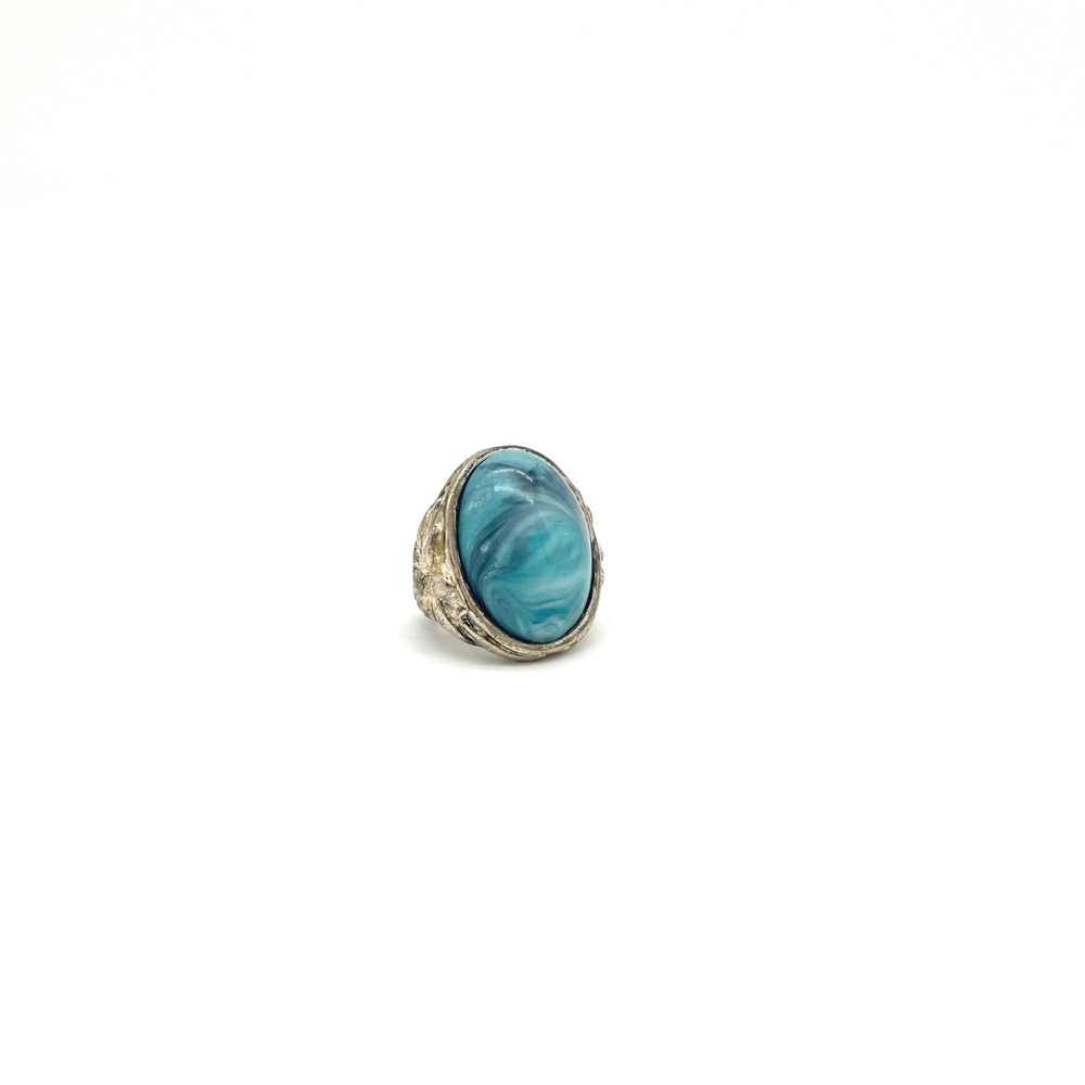 Vintage Blue Stone Ring Statement Oval Cabochon Silver Tone Size 6.5